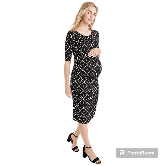 Maurices Dresses & Skirts - XXL Maternity Black Midi Dress Bodycon Elbow Sleeve Modest Ruched Boho Stretch K